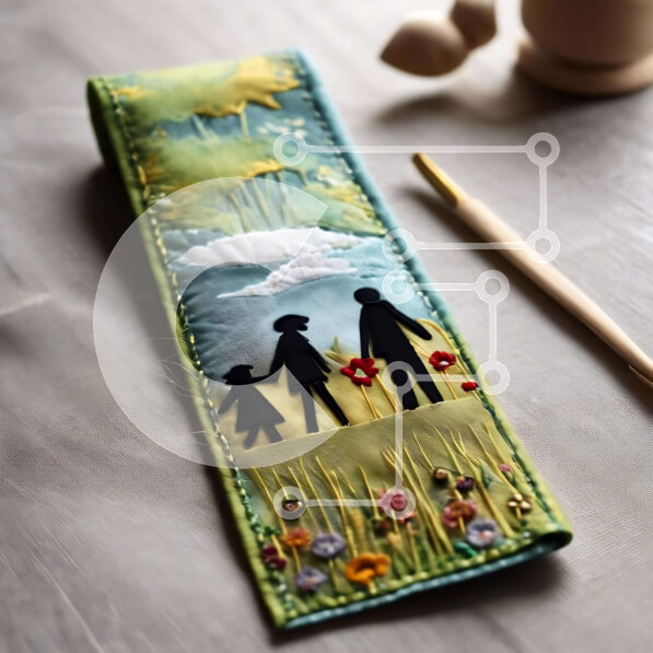 Intra Συλλεκτικό Ξύλινο Παζλ Plywood  4mm - Κεντημένος οικογενειακός σελιδοδείκτης με μολύβια και ψαλίδι Σε Ξύλινο Κουτί - Διαστάσεις Puzzle: 10x10 cm – 25 κομμάτια