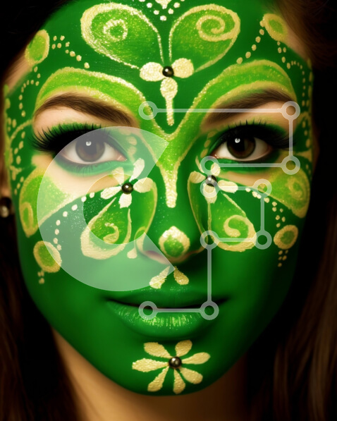 Intra Συλλεκτικό Ξύλινο Παζλ Plywood  4mm - Γαλήνια γυναίκα με εκπληκτική πράσινη βαφή προσώπου και λουλουδάτο σχέδιο Σε Ξύλινο Κουτί - Διαστάσεις Puzzle: 10x10 cm – 25 κομμάτια