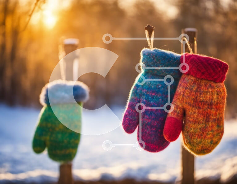 Intra Συλλεκτικό Ξύλινο Παζλ Plywood  4mm - Πολύχρωμα πλεκτά γάντια που κρέμονται στο χιόνι Σε Ξύλινο Κουτί - Διαστάσεις Puzzle: 10x10 cm – 25 κομμάτια