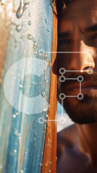 Intra Συλλεκτικό Ξύλινο Παζλ Plywood  4mm - Σοβαρός άντρας με γένια και τατουάζ που ακουμπάει σε σανίδα του σερφ Σε Ξύλινο Κουτί - Διαστάσεις Puzzle: 10x10 cm – 25 κομμάτια