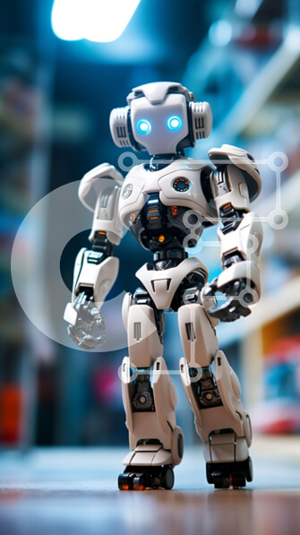 Intra Συλλεκτικό Ξύλινο Παζλ Plywood  4mm - Φουτουριστικό ρομπότ που στέκεται σε ένα δωμάτιο με φόντο ράφια Σε Ξύλινο Κουτί - Διαστάσεις Puzzle: 10x10 cm – 25 κομμάτια