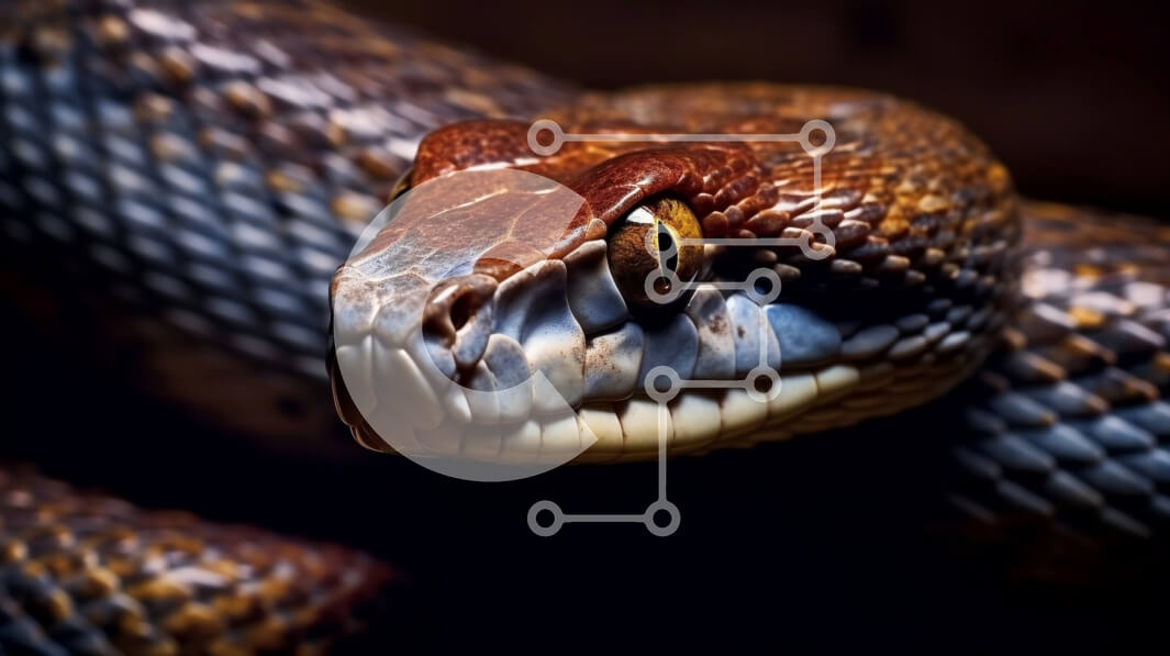 Σετ των 2 Intra Συλλεκτικό Ξύλινο Παζλ Plywood  4mm - Κοντινή εικόνα του κεφαλιού ενός φιδιού με ορατά μάτια και κυνόδοντες Σε Ξύλινο Κουτί - Διαστάσεις: 10x10 cm – 25 κομμάτια