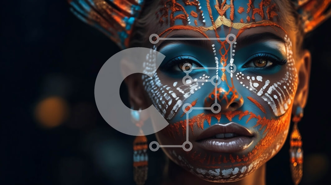 Intra Συλλεκτικό Ξύλινο Παζλ Plywood  4mm - Εκπληκτική ομορφιά: Γυναίκα με μπλε και πορτοκαλί χρώμα προσώπου και φτερά στα μαλλιά Σε Ξύλινο Κουτί - Διαστάσεις Puzzle: 10x10 cm – 25 κομμάτια