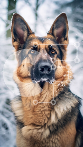 Σετ των 2 Intra Συλλεκτικό Ξύλινο Παζλ Plywood  4mm - Γερμανικός Ποιμενικός σκύλος που στέκεται στο χιόνι Σε Ξύλινο Κουτί - Διαστάσεις: 10x10 cm – 25 κομμάτια