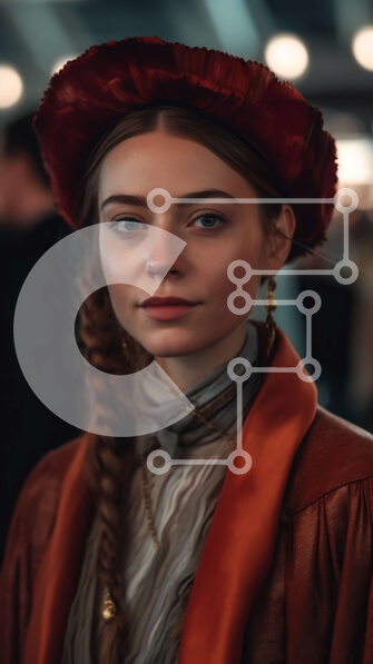 Intra Συλλεκτικό Ξύλινο Παζλ Plywood  4mm - Σοβαρή γυναίκα με κόκκινο καπέλο και καφέ παλτό που στέκεται σε ψηλοτάβανο δωμάτιο με μεγάλα παράθυρα Σε Ξύλινο Κουτί - Διαστάσεις Puzzle: 10x10 cm – 25 κομμάτια