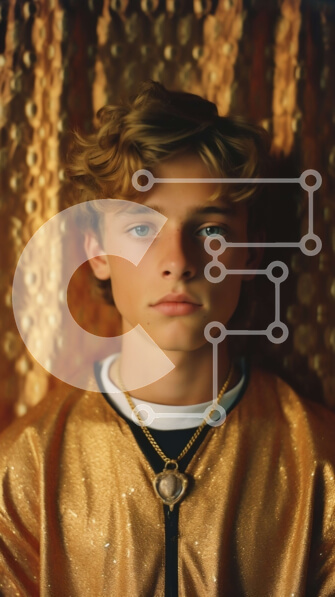 Intra Συλλεκτικό Ξύλινο Παζλ Plywood  4mm - Νεαρός άνδρας με σοβαρή έκφραση με χρυσό σακάκι και αλυσίδα Σε Ξύλινο Κουτί - Διαστάσεις Puzzle: 10x10 cm – 25 κομμάτια