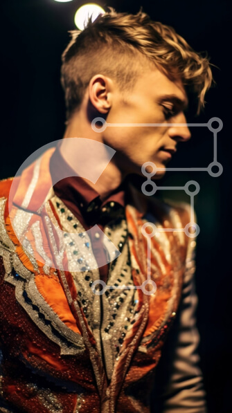 Intra Συλλεκτικό Ξύλινο Παζλ Plywood  4mm - Κομψός άντρας με πολύχρωμο σακάκι και παπιγιόν στο δωμάτιο με χαμηλό φωτισμό Σε Ξύλινο Κουτί - Διαστάσεις Puzzle: 10x10 cm – 25 κομμάτια