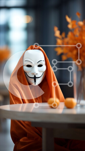 Intra Συλλεκτικό Ξύλινο Παζλ Plywood  4mm - Πρόσωπο με πορτοκαλί ρόμπα και μάσκα Guy Fawkes στο τραπέζι με πορτοκάλια Σε Ξύλινο Κουτί - Διαστάσεις Puzzle: 10x10 cm – 25 κομμάτια