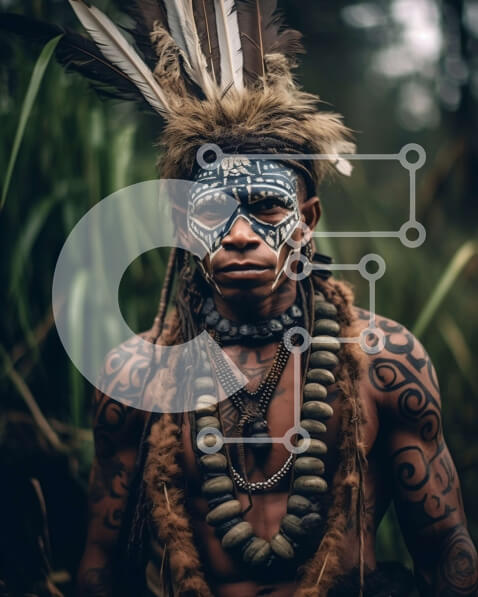 Intra Συλλεκτικό Ξύλινο Παζλ Plywood  4mm - Εκπληκτική εικόνα ενός άνδρα από φυλή σε πλήρη ρεγκάλια σε μια καταπράσινη ζούγκλα Σε Ξύλινο Κουτί - Διαστάσεις Puzzle: 10x10 cm – 25 κομμάτια