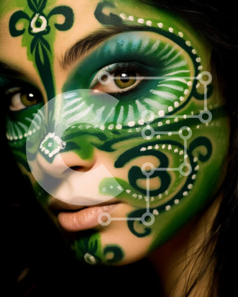 Intra Συλλεκτικό Ξύλινο Παζλ Plywood  4mm - Εκπληκτική εικόνα γυναίκας με πράσινο χρώμα προσώπου με περίπλοκα σχέδια στα μάγουλα και το μέτωπο Σε Ξύλινο Κουτί - Διαστάσεις Puzzle: 10x10 cm – 25 κομμάτια