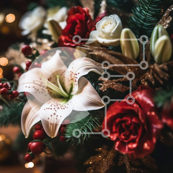 Intra Συλλεκτικό Ξύλινο Παζλ Plywood  4mm - Όμορφη Χριστουγεννιάτικη φλοράλ σύνθεση με κόκκινα και λευκά λουλούδια σε ξύλινο τραπέζι Σε Ξύλινο Κουτί - Διαστάσεις: 10x10 cm – 25 κομμάτια