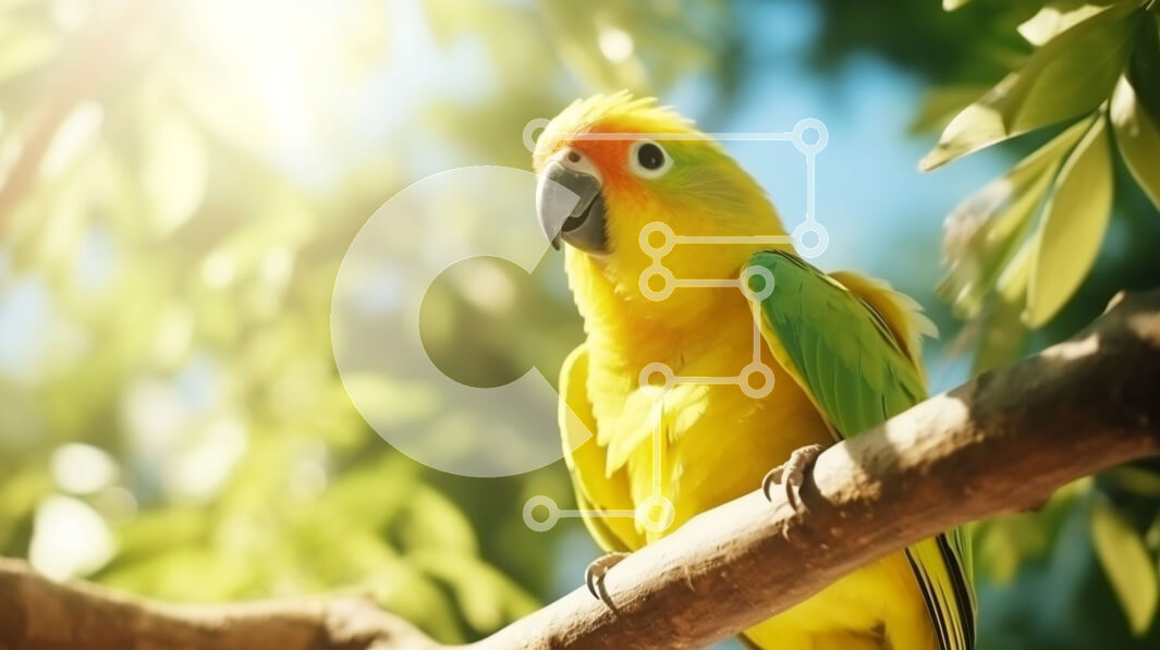 Σετ των 2 Intra Συλλεκτικό Ξύλινο Παζλ Plywood  4mm - Κίτρινος και πράσινος παπαγάλος σκαρφαλωμένος σε κλαδί βελανιδιάς Σε Ξύλινο Κουτί - Διαστάσεις: 10x10 cm – 25 κομμάτια