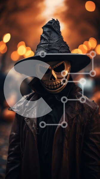 Intra Συλλεκτικό Ξύλινο Παζλ Plywood  4mm - Άτομο με μαύρο δερμάτινο μπουφάν και μάσκα κρανίου που στέκεται μπροστά από φωτισμένα κτίρια τη νύχτα Σε Ξύλινο Κουτί - Διαστάσεις Puzzle: 10x10 cm – 25 κομμάτια