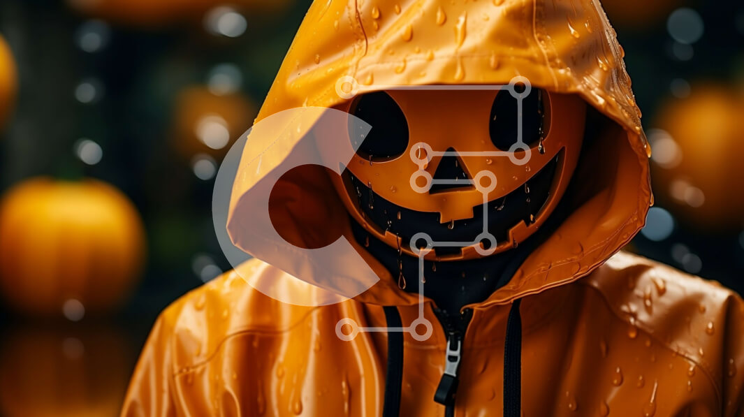 Intra Συλλεκτικό Ξύλινο Παζλ Plywood  4mm - Άτομο με πορτοκαλί αδιάβροχο με πρόσωπο Jack-o-lantern Σε Ξύλινο Κουτί - Διαστάσεις Puzzle: 10x10 cm – 25 κομμάτια