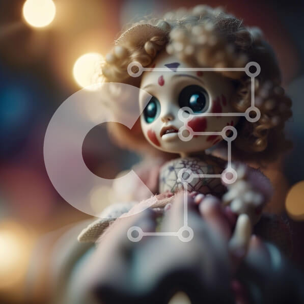 Σετ των 2 Intra Συλλεκτικό Ξύλινο Παζλ Plywood  4mm - Όμορφη κινηματογράφηση σε πρώτο πλάνο μιας κούκλας με μεγάλα μπλε μάτια και σγουρά ξανθά μαλλιά Σε Ξύλινο Κουτί - Διαστάσεις: 10x10 cm – 25 κομμάτια