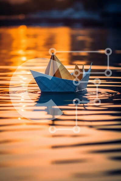 Σετ των 2 Intra Συλλεκτικό Ξύλινο Παζλ Plywood  4mm - Εκπληκτική εικόνα ενός χάρτινου σκάφους που επιπλέει στο ηλιοβασίλεμα Σε Ξύλινο Κουτί - Διαστάσεις: 10x10 cm – 25 κομμάτια