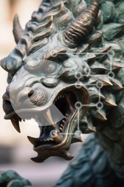 Intra Συλλεκτικό Ξύλινο Παζλ Plywood  4mm - Εντυπωσιακό άγαλμα πράσινου δράκου μπροστά από ένα κτίριο Σε Ξύλινο Κουτί - Διαστάσεις Puzzle: 10x10 cm – 25 κομμάτια