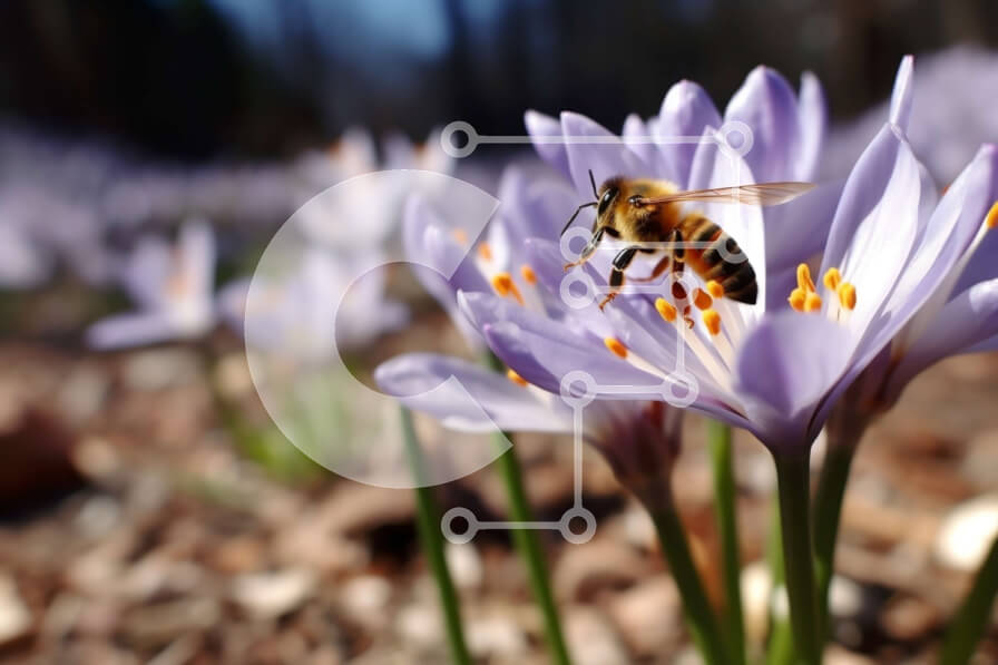 Intra Συλλεκτικό Ξύλινο Παζλ Plywood  4mm - Εκπληκτική εικόνα μιας μέλισσας σε ένα μωβ λουλούδι κρόκου σε ένα δάσος Σε Ξύλινο Κουτί - Διαστάσεις: 10x10 cm – 25 κομμάτια