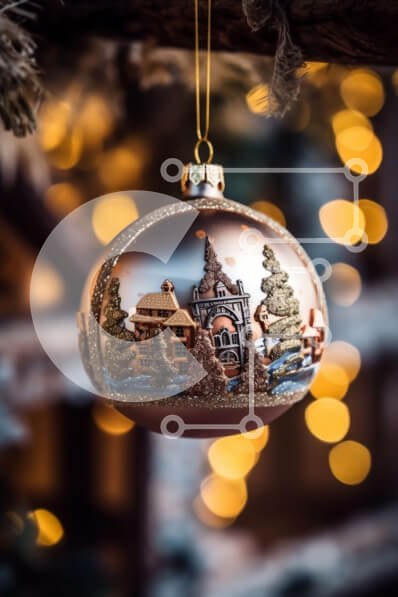 Intra Συλλεκτικό Ξύλινο Παζλ Plywood  4mm - Όμορφο χρυσό χριστουγεννιάτικο στολίδι με σκηνή του χωριού Σε Ξύλινο Κουτί - Διαστάσεις: 10x10 cm – 25 κομμάτια