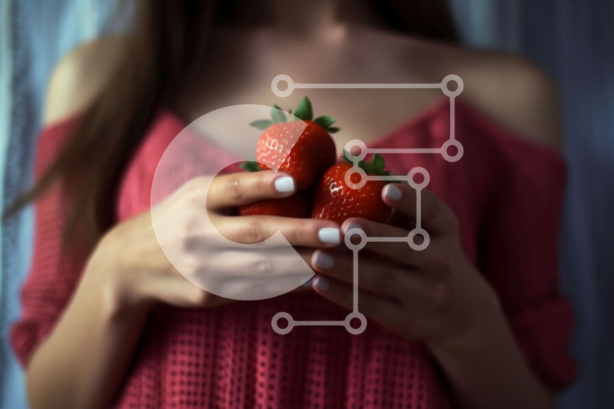 Σετ των 2 Intra Συλλεκτικό Ξύλινο Παζλ Plywood  4mm - Όμορφη εικόνα γυναίκας που κρατά δύο φράουλες Σε Ξύλινο Κουτί - Διαστάσεις: 10x10 cm – 25 κομμάτια