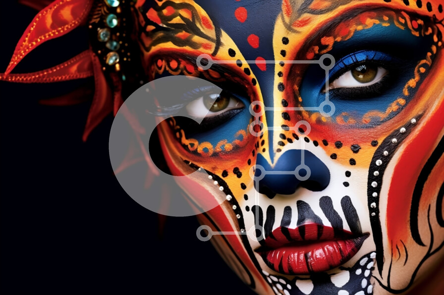 Intra Συλλεκτικό Ξύλινο Παζλ Plywood  4mm - Όμορφη εικόνα μιας γυναίκας με πολύχρωμο μακιγιάζ στο κρανίο και περίπλοκες λεπτομέρειες Σε Ξύλινο Κουτί - Διαστάσεις Puzzle: 10x10 cm – 25 κομμάτια