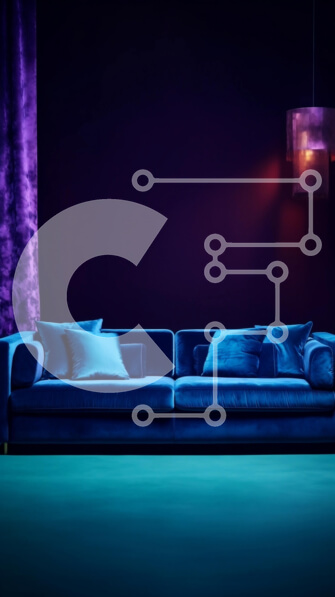 Intra Συλλεκτικό Ξύλινο Παζλ Plywood  4mm - Εκλεπτυσμένος μπλε βελούδινος καναπές σε δωμάτιο με χαμηλό φωτισμό με πολυέλαιο Σε Ξύλινο Κουτί - Διαστάσεις Puzzle: 10x10 cm – 25 κομμάτια