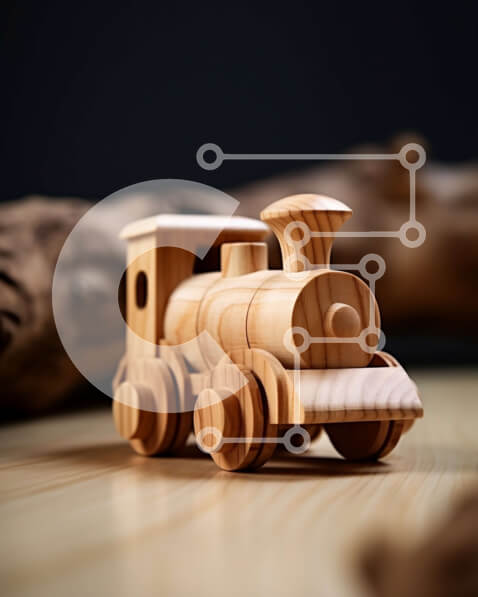 Intra Συλλεκτικό Ξύλινο Παζλ Plywood  4mm - Παιχνιδιάρικη εικόνα ενός ξύλινου τρένου παιχνιδιού σε μια ξύλινη επιφάνεια Σε Ξύλινο Κουτί - Διαστάσεις: 10x10 cm – 25 κομμάτια