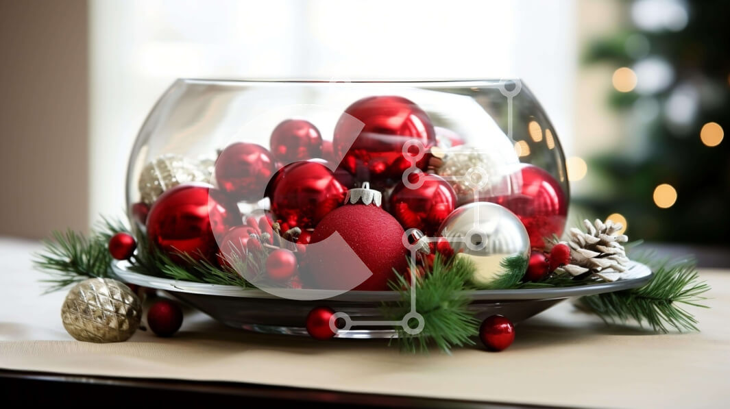 Intra Συλλεκτικό Ξύλινο Παζλ Plywood  4mm - Γυάλινο μπολ γεμάτο με κόκκινα και ασημένια στολίδια Σε Ξύλινο Κουτί - Διαστάσεις Puzzle: 10x10 cm – 25 κομμάτια