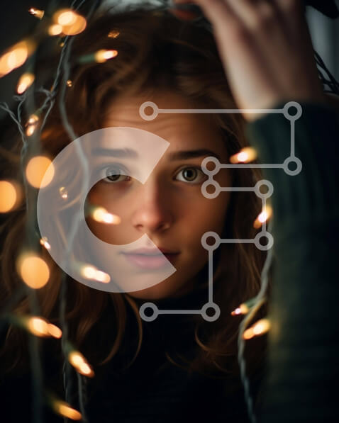 Intra Συλλεκτικό Ξύλινο Παζλ Plywood  4mm - Νεαρή γυναίκα με σγουρά μαλλιά που στέκεται μπροστά από τα φώτα των Χριστουγέννων Σε Ξύλινο Κουτί - Διαστάσεις Puzzle: 10x10 cm – 25 κομμάτια