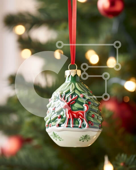 Intra Συλλεκτικό Ξύλινο Παζλ Plywood  4mm - Κόκκινο και πράσινο διακοσμημένο στολίδι που κρέμεται από το χριστουγεννιάτικο δέντρο Σε Ξύλινο Κουτί - Διαστάσεις: 10x10 cm – 25 κομμάτια