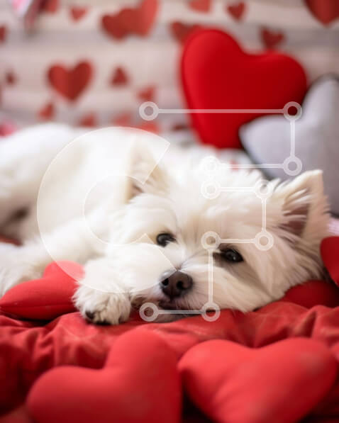 Σετ των 2 Intra Συλλεκτικό Ξύλινο Παζλ Plywood  4mm - Χαριτωμένο λευκό σκυλί που στηρίζεται σε μαξιλάρια σε σχήμα καρδιάς Σε Ξύλινο Κουτί - Διαστάσεις: 10x10 cm – 25 κομμάτια