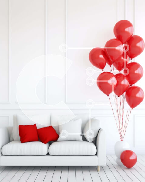 Intra Συλλεκτικό Ξύλινο Παζλ Plywood  4mm - Λευκός καναπές με κόκκινα μπαλόνια σε ένα άνετο σαλόνι Σε Ξύλινο Κουτί - Διαστάσεις Puzzle: 10x10 cm – 25 κομμάτια