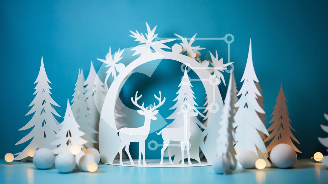 Intra Συλλεκτικό Ξύλινο Παζλ Plywood  4mm - Διακοπές από χαρτί ελαφιών με πεύκα και νιφάδες χιονιού Σε Ξύλινο Κουτί - Διαστάσεις: 10x10 cm – 25 κομμάτια