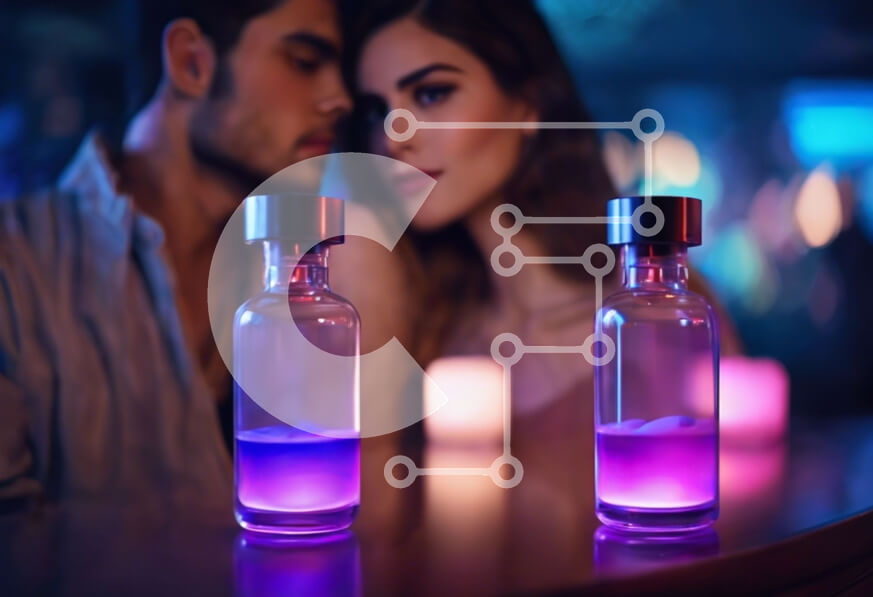 Intra Συλλεκτικό Ξύλινο Παζλ Plywood  4mm - Ρομαντικό ζευγάρι με μωβ μπουκάλια αρωμάτων και κεριά Σε Ξύλινο Κουτί - Διαστάσεις Puzzle: 10x10 cm – 25 κομμάτια