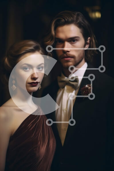 Intra Συλλεκτικό Ξύλινο Παζλ Plywood  4mm - Κομψό ζευγάρι με επίσημη ενδυμασία που στέκεται σε ένα δωμάτιο με χαμηλό φωτισμό Σε Ξύλινο Κουτί - Διαστάσεις Puzzle: 10x10 cm – 25 κομμάτια