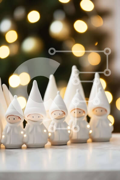 Intra Συλλεκτικό Ξύλινο Παζλ Plywood  4mm - Ομάδα λευκών αγαλματιδίων μπροστά από ένα φωτισμένο χριστουγεννιάτικο δέντρο Σε Ξύλινο Κουτί - Διαστάσεις: 10x10 cm – 25 κομμάτια