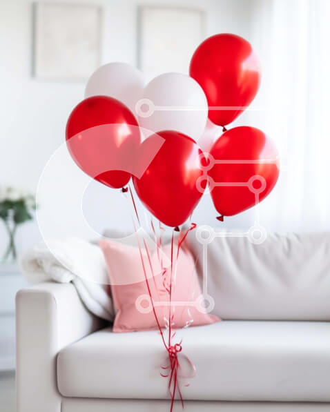 Intra Συλλεκτικό Ξύλινο Παζλ Plywood  4mm - Ομάδα κόκκινων και λευκών μπαλονιών δεμένα μαζί σε έναν καναπέ Σε Ξύλινο Κουτί - Διαστάσεις Puzzle: 10x10 cm – 25 κομμάτια