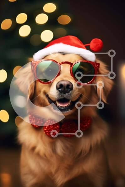 Σετ των 2 Intra Συλλεκτικό Ξύλινο Παζλ Plywood  4mm - Golden Dog με γυαλιά ηλίου με καπέλο Santa και χριστουγεννιάτικο δέντρο Σε Ξύλινο Κουτί - Διαστάσεις: 10x10 cm – 25 κομμάτια