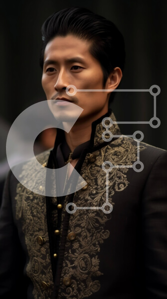 Intra Συλλεκτικό Ξύλινο Παζλ Plywood  4mm - Σοβαρός άνδρας με μαύρο και χρυσοκέντητο μπουφάν που στέκεται μπροστά σε σκούρο φόντο Σε Ξύλινο Κουτί - Διαστάσεις Puzzle: 10x10 cm – 25 κομμάτια