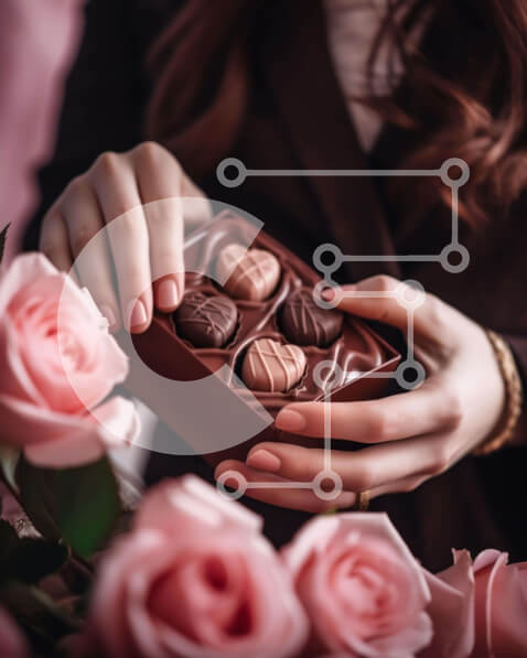 Intra Συλλεκτικό Ξύλινο Παζλ Plywood  4mm - Γυναίκα που κρατά κουτί σοκολάτες με τριαντάφυλλα Σε Ξύλινο Κουτί - Διαστάσεις Puzzle: 10x10 cm – 25 κομμάτια