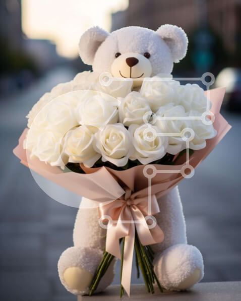 Intra Συλλεκτικό Ξύλινο Παζλ Plywood  4mm - Αξιολάτρευτο λευκό αρκουδάκι που κρατά ένα μπουκέτο με λευκά τριαντάφυλλα Σε Ξύλινο Κουτί - Διαστάσεις Puzzle: 10x10 cm – 25 κομμάτια