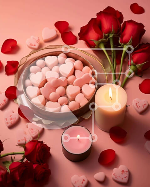 Intra Συλλεκτικό Ξύλινο Παζλ Plywood  4mm - Ροζ φόντο με καραμέλες σε σχήμα καρδιάς και κόκκινα τριαντάφυλλα Σε Ξύλινο Κουτί - Διαστάσεις Puzzle: 10x10 cm – 25 κομμάτια