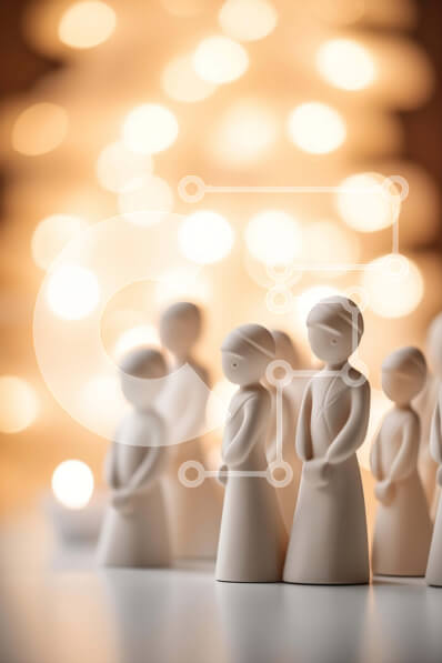 Intra Συλλεκτικό Ξύλινο Παζλ Plywood  4mm - Ομάδα λευκών ειδωλίων μπροστά από ένα φωτισμένο χριστουγεννιάτικο δέντρο Σε Ξύλινο Κουτί - Διαστάσεις: 10x10 cm – 25 κομμάτια