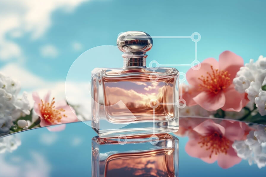 Intra Συλλεκτικό Ξύλινο Παζλ Plywood  4mm - Κομψό ροζ μπουκάλι αρώματος με φόντο όμορφο λουλούδι Σε Ξύλινο Κουτί - Διαστάσεις Puzzle: 10x10 cm – 25 κομμάτια