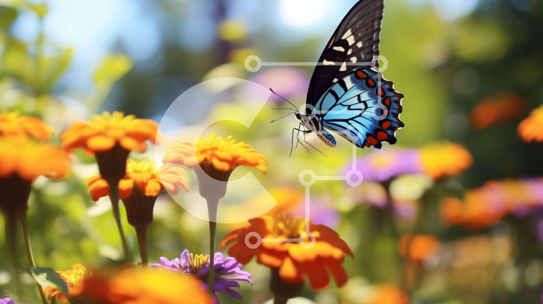 Intra Συλλεκτικό Ξύλινο Παζλ Plywood  4mm - Μπλε πεταλούδα που πετά ανάμεσα σε πολύχρωμα λουλούδια Σε Ξύλινο Κουτί - Διαστάσεις: 10x10 cm – 25 κομμάτια