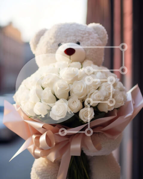 Intra Συλλεκτικό Ξύλινο Παζλ Plywood  4mm - Μπουκέτο Λευκό αρκουδάκι με λευκά τριαντάφυλλα Σε Ξύλινο Κουτί - Διαστάσεις Puzzle: 10x10 cm – 25 κομμάτια