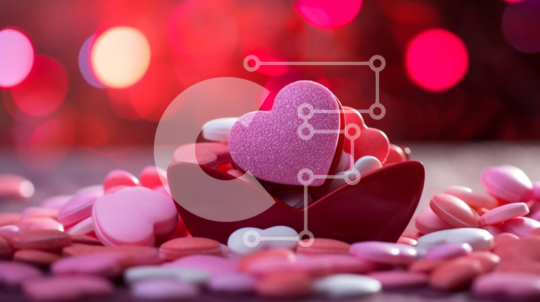 Intra Συλλεκτικό Ξύλινο Παζλ Plywood  4mm - Δοχείο καραμέλας σε σχήμα καρδιάς με ροζ και κόκκινες καραμέλες σε πολύχρωμα κομφετί Σε Ξύλινο Κουτί - Διαστάσεις: 10x10 cm – 25 κομμάτια