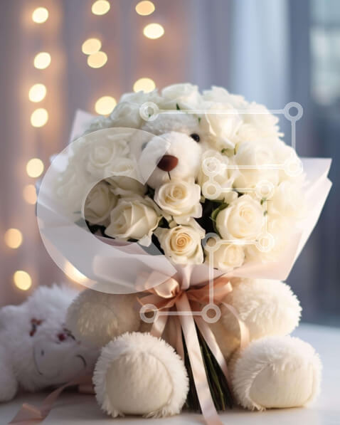 Intra Συλλεκτικό Ξύλινο Παζλ Plywood  4mm - Μπουκέτο λευκά τριαντάφυλλα και αρκουδάκια με φωτάκια Σε Ξύλινο Κουτί - Διαστάσεις Puzzle: 10x10 cm – 25 κομμάτια