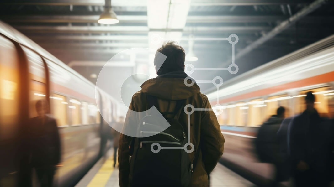 Intra Συλλεκτικό Ξύλινο Παζλ Plywood  4mm - Άνδρας με σακίδιο πλάτης που περιμένει στο σιδηροδρομικό σταθμό Σε Ξύλινο Κουτί - Διαστάσεις Puzzle: 10x10 cm – 25 κομμάτια