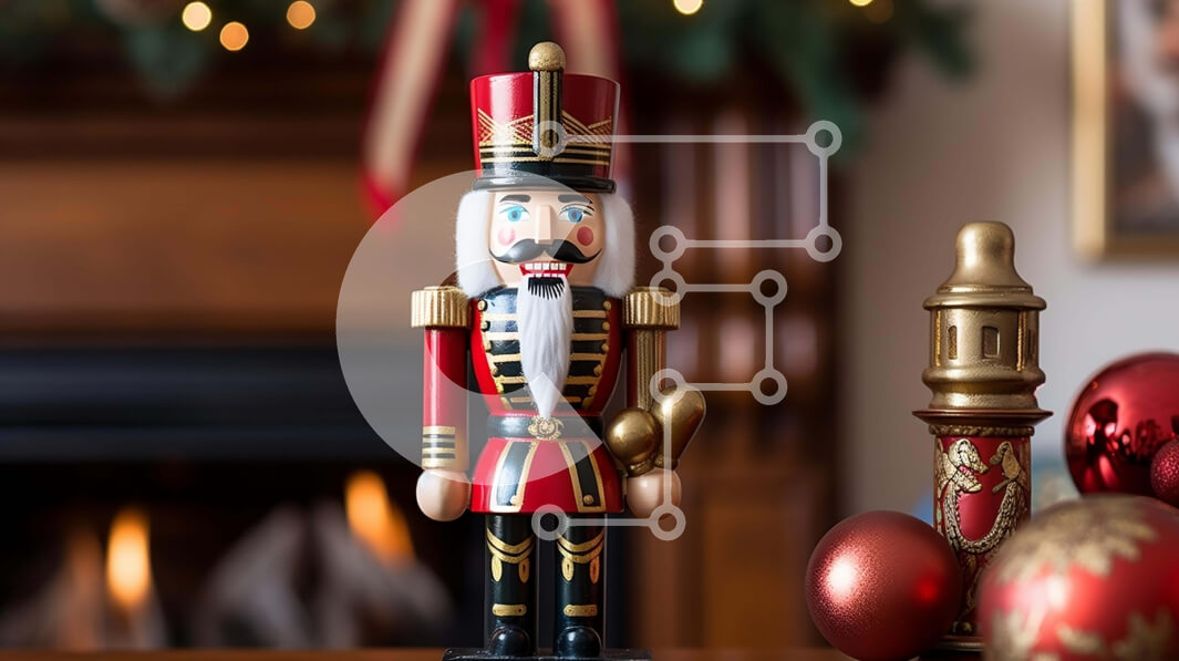 Intra Συλλεκτικό Ξύλινο Παζλ Plywood  4mm - Καρυοθραύστης ειδώλιο στο τραπέζι με χριστουγεννιάτικα στολίδια Σε Ξύλινο Κουτί - Διαστάσεις Puzzle: 10x10 cm – 25 κομμάτια